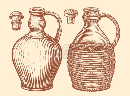 Tongefäße für Wein und Öl. Handgezeichnete Skizze Vektor-Illustration