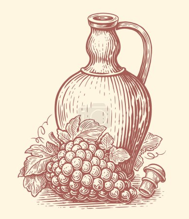 Téléchargez les illustrations : Pot d'argile avec boisson au vin et grappes de raisins. Vinification, croquis de cave. Illustration vectorielle vintage dessinée à la main - en licence libre de droit