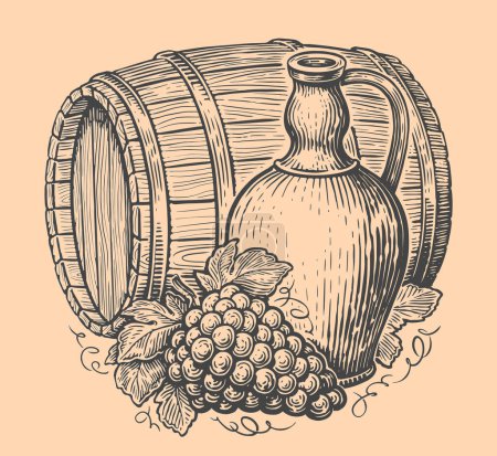 Ilustración de Concepto de bebida. Jarra, racimo de uvas y barril de madera. Dibujo ilustración vector Vintage - Imagen libre de derechos