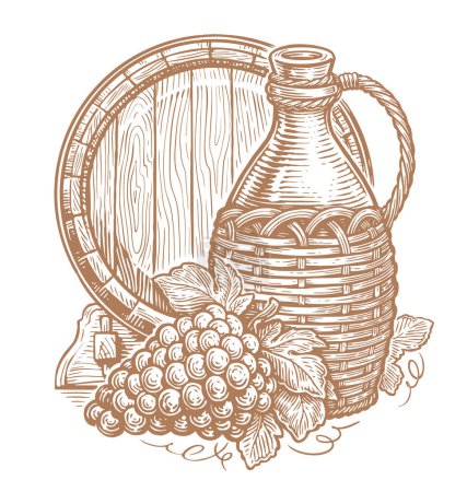 Ilustración de Jarra de vino, uvas y barril de madera. Bodega, boceto del pub. Ilustración de vector vintage dibujado a mano - Imagen libre de derechos