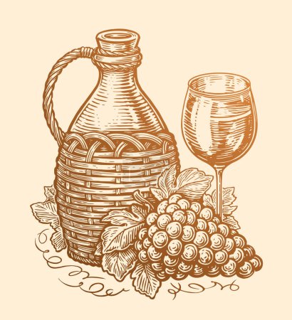 Téléchargez les illustrations : Bottle or jug of wine with wineglass and grape bunch. Still life sketch. Vector illustration in art drawing style - en licence libre de droit