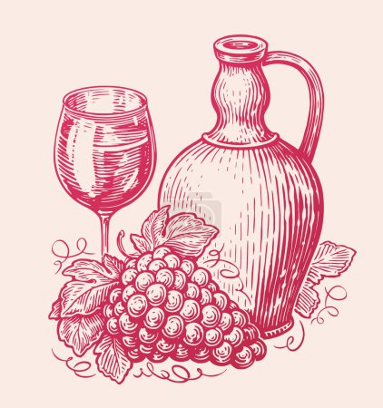 Téléchargez les illustrations : Gobelet de boisson au vin avec verre et bouquet de raisins. Croquis de la nature morte. Illustration vectorielle en style dessin artistique - en licence libre de droit