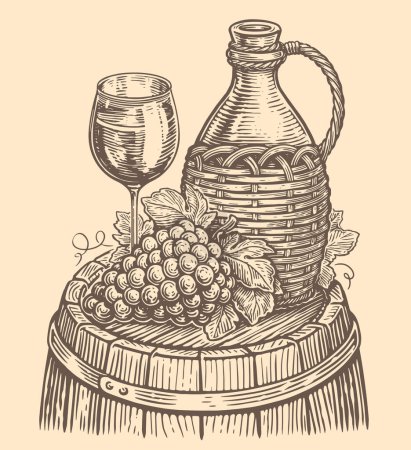 Téléchargez les illustrations : Still life wine concept. Jug or bottle, oak barrel, bunch of grapes, glass. Sketch vintage vector illustration - en licence libre de droit