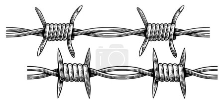 Ilustración de Boceto de alambre de púas dibujado a mano en estilo grabado. Una cadena fronteriza de alambre de púas. Ilustración vectorial - Imagen libre de derechos