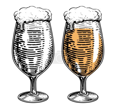 Illustration for Glass of beer with overflowing foam. Clipart drawing for bar or restaurant. Craft ale, alcoholic drink - Royalty Free Image