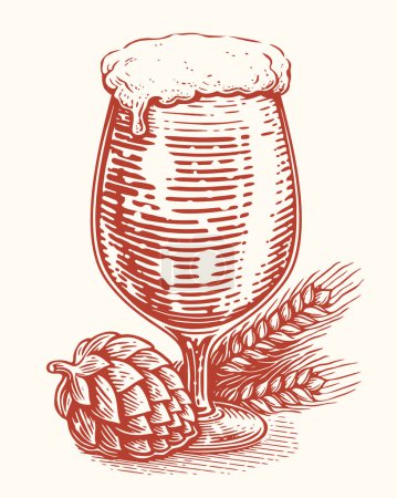 Illustration for Drawing of glass of beer, hops and ears of wheat in engraving style. Clipart sketch. Pub, brewery concept - Royalty Free Image