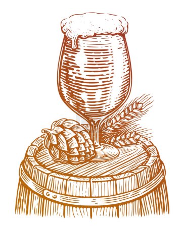 Illustration for Glass of beer and barrel. Hand drawn sketch drawing. Pub restaurant, brewery vector illustration - Royalty Free Image