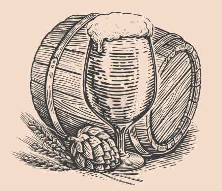 Téléchargez les illustrations : Brasserie, concept pub. Nature morte de verre de bière, tonneau en bois. Clipart croquis vintage dessin - en licence libre de droit