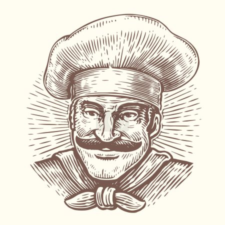 Ilustración de Retrato dibujado a mano de cocinero. Chef con sombrero. Dibujo de boceto para café y menú de restaurante - Imagen libre de derechos