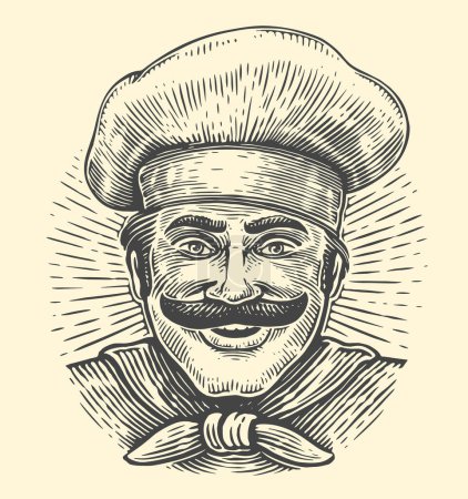 Téléchargez les illustrations : Chef dessiné à la main dans un chapeau. Dessin croquis pour menu café et restaurant. Portrait de cuisinier - en licence libre de droit