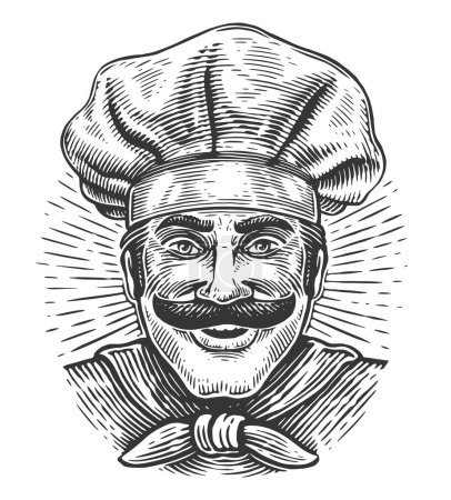 Ilustración de Chef de bigote sonriente con sombrero. Dibujo dibujado a mano dibujo vintage. Panadería, bistro, emblema del restaurante - Imagen libre de derechos