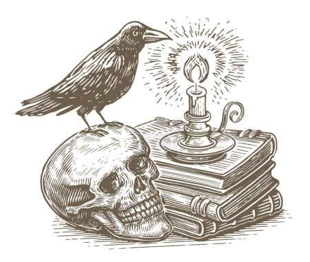 Illustration for Witchcraft, occult, esoteric, definition. Candle and books with magic spells, human skull with raven sitting on it - Royalty Free Image