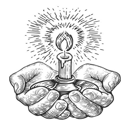 Candlelight, candlestick. Hands holding burning candle in holder. Hand drawn vector illustration sketch