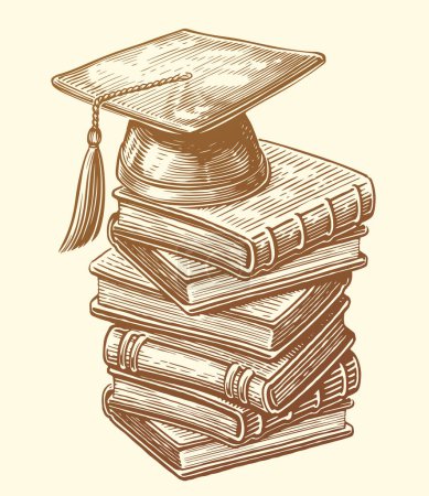 Ilustración de Concepto de obtención de la educación superior. Dibujo dibujado a mano de la pila de libros y la tapa del graduado - Imagen libre de derechos