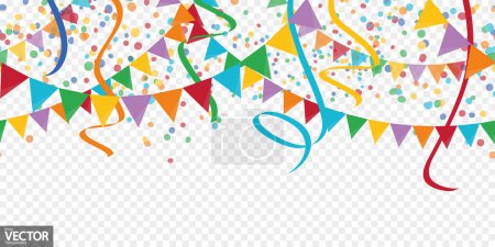 EPS 10 illustration of seamless colored happy confetti, garlands and streamers on white background for carnival party or birthday template usage with transparency in vector file