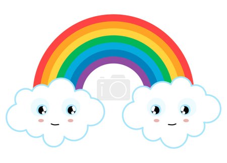 Téléchargez les illustrations : Illustration vectorielle eps avec magnifique arc-en-ciel coloré avec des nuages blancs avec de beaux visages souriants aux extrémités - en licence libre de droit