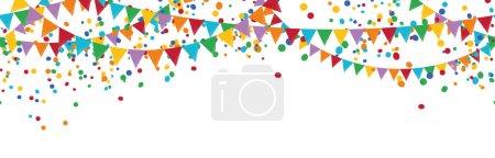 Téléchargez les illustrations : Illustration vectorielle EPS 10 de confettis et guirlandes heureux de couleur transparente sur fond blanc pour l'utilisation du modèle de fête de carnaval ou d'anniversaire - en licence libre de droit