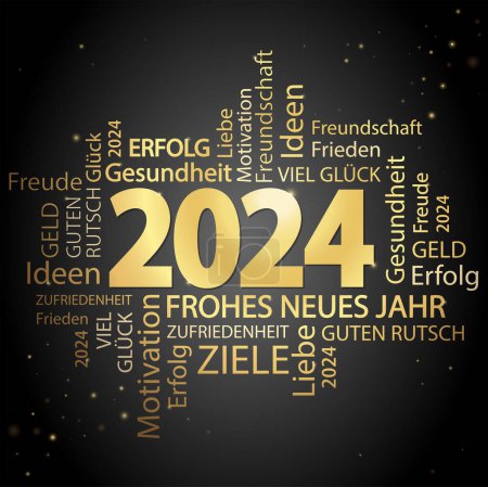 eps archivo vectorial con nube de palabra dorada con saludos de año nuevo 2024 y fondo negro