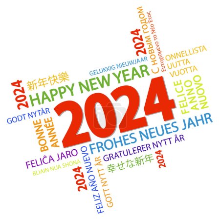 Ilustración de Eps archivo vectorial con nube de palabras con saludos de año nuevo 2024 y fondo blanco - Imagen libre de derechos