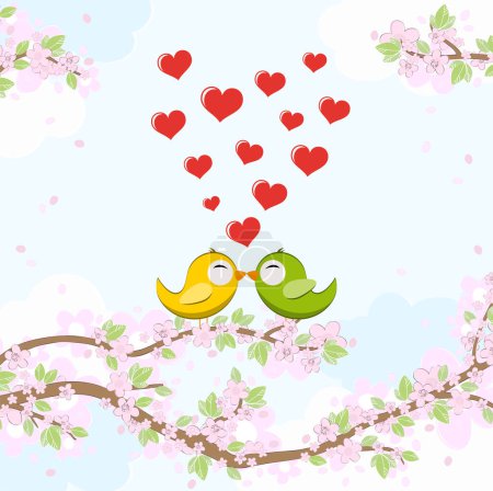 Illustration for Eps vector file with yellow and green colored kissing birds in love sitting on branches with blossoms and green leaves in spring time, background with sky and light clouds - Royalty Free Image