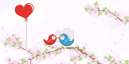 Illustration for Eps vector file with red and blue colored birds in love, kissing and sitting on branches with blossoms and green leaves in spring time, background with sky and light clouds - Royalty Free Image