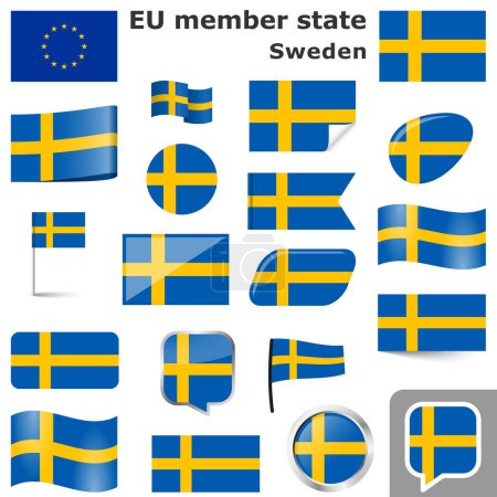 collection de drapeaux et de boutons aux couleurs nationales de la Suède