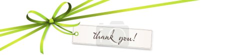 Ilustración vectorial EPS 10 de lazo de cinta de color verde y banda de regalo aislada sobre fondo blanco con etiqueta colgante y saludos "gracias "