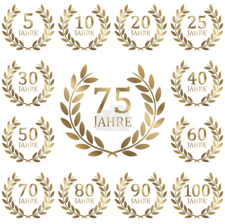 eps vector file with golden laurel wreath collection on white background for success or firm jubilee with text 5 to 100 years (german text)