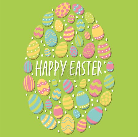 eps vector illustration von bemalten Ostereiern in verschiedenen Farben kombiniert zu einem großen Ei und Ostergrüßen auf grünem Hintergrund