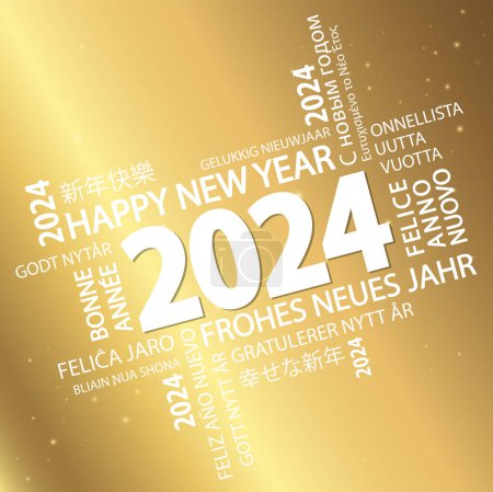 eps vector file with word cloud with new year 2024 greetings and golden background
