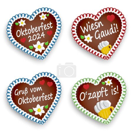 four illustrated gingerbread hearts with text in german for bavarian Oktoberfest 2024 time