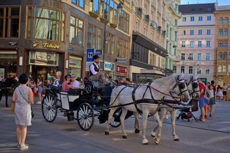 Photo for Vienna, Austria - June 29, 2023: Horse-drawn carriage with tourists on the street in the historical center of Vienna. Very popular transport. Streets and architecture of the old city. - Royalty Free Image