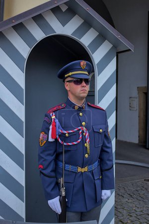 Photo for Prague, Czech Republic  October 6, 2023: A Prague Castle security officer stands motionless in front of the residence entrance. Security and traditions in the Czech Republic. - Royalty Free Image