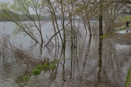 Téléchargez les photos : Kiev, Ukraine - La rivière Dnipro a débordé, submergeant une zone du parc à Kiev en raison des fortes pluies et de la fonte des neiges. La catastrophe naturelle rend difficile la mobilité des citoyens. - en image libre de droit