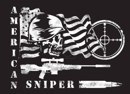 Ilustración de Vintage vector monochrome illustration of military man skull with helmet and gun on background of USA flag. black and white. American sniper - Imagen libre de derechos