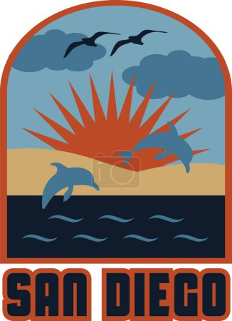 Téléchargez les illustrations : Texte de San Diego avec fond de coucher de soleil et dauphins sautant dans l'illustration vectorielle de l'océan - en licence libre de droit