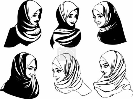 Ilustración de Esta ilustración vectorial bellamente elaborada presenta a una mujer musulmana que lleva un hiyab, capturando la esencia de la modestia y la diversidad cultural. La obra muestra a una joven con una expresión serena, - Imagen libre de derechos
