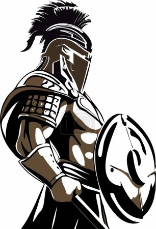 A Spartan warrior, clad in bronze armor, stands tall and resolute. With a fierce gaze, they hold a shield and spear, ready for battle. A crimson cape billows behind, symbolizing their loyalty. The image exudes strength, discipline, and unwavering