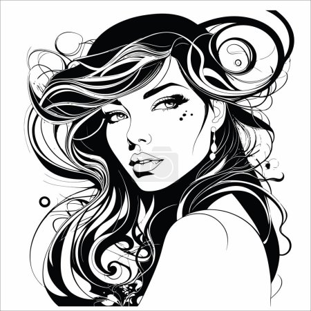Illustration for This exquisite vector illustration captures the essence of elegance and style in the form of a beautiful girl's face. With meticulous attention to detail, this artwork showcases the grace and sophistication of a modern young woman. - Royalty Free Image