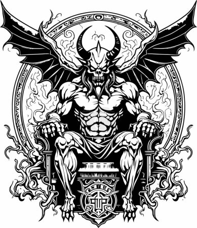 This striking vector illustration features a powerful demon seated upon a throne, exuding an aura of malevolence and authority. Perfect for fans of gothic and fantasy art, this digital download includes high-quality
