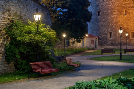 Photo for Colorful, night Park in Tallinn's old town. White nights in Estonia. View of the city without people. The summer season. - Royalty Free Image