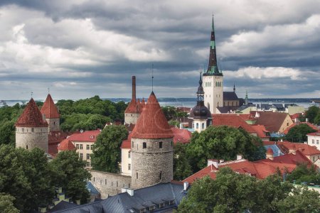 Photo for View of old Tallinn from the observation deck. Famous and beautiful view of the old town with watchtowers and Oleviste Church. Summer season in Estonia. - Royalty Free Image