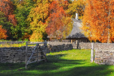 Photo for The gates of the old Estonian farm. Farm and Golden autumn. The open air Museum in Tallinn. Photographed in the fall. Historical landmark of Estonia. The old medieval architecture of Estonia. - Royalty Free Image