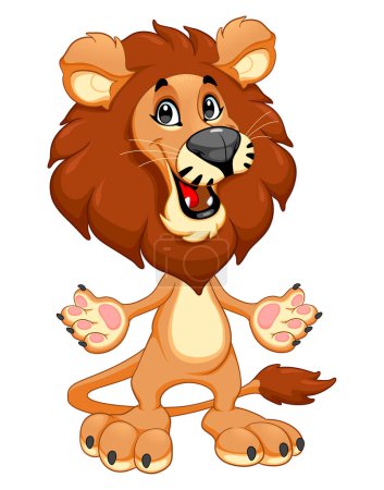 Téléchargez les illustrations : Drôle de lion souriant à bras ouverts. Caractère isolé de dessin animé vectoriel avec fond transparent - en licence libre de droit