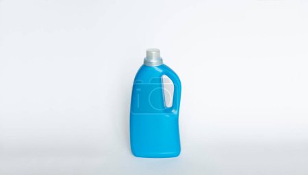 Photo for Blank blue plastic bottle with liquid laundry detergent, cleaning agent, bleach or fabric softener isolated on white background - Royalty Free Image