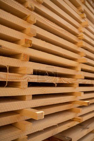 Téléchargez les photos : Des planches de bois empilées en gros plan dans un entrepôt de bois extérieur. Pieux de planches en bois dans la scierie, bordage. Entrepôt pour planches à scier sur une scierie à l'extérieur. Industrie du bois - en image libre de droit