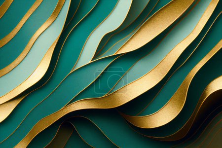Turquoise and Golden Cut Out Paper Layered Structure 3D Artwork Abstract Background. Wavy Strips Pattern Beautiful Modern Wallpaper. Three Dimension Colored Cardboard Curve Lines Art Illustration