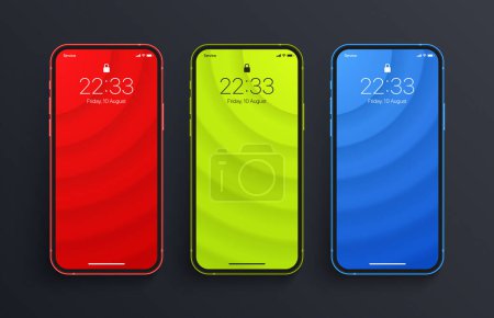 Ilustración de Variaciones de Minimalista Rojo Brillante Verde Azul 3D Suave Líneas Borrosas Fondo de pantalla Set On Photo Realista pantalla de teléfono inteligente Aislado en la espalda oscura. Varios protectores de pantalla abstractos verticales para Smartphone - Imagen libre de derechos