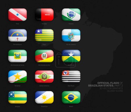 Illustration for All Official Flags of Brazilian States 3D Vector Rounded Glossy Icons Set Isolated On Background Part 2. Brazil First-Level Administrative Divisions Bright Vivid Colour Bulging Buttons Design Elements - Royalty Free Image