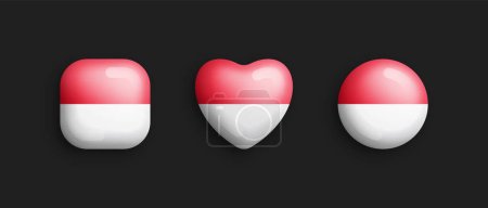 Illustration for Monaco Official National Flag 3D Vector Glossy Icons In Rounded Square, Heart And Circle Shape Isolate On Background. Sign And Symbols Graphic Design Elements Volumetric Buttons Collection - Royalty Free Image